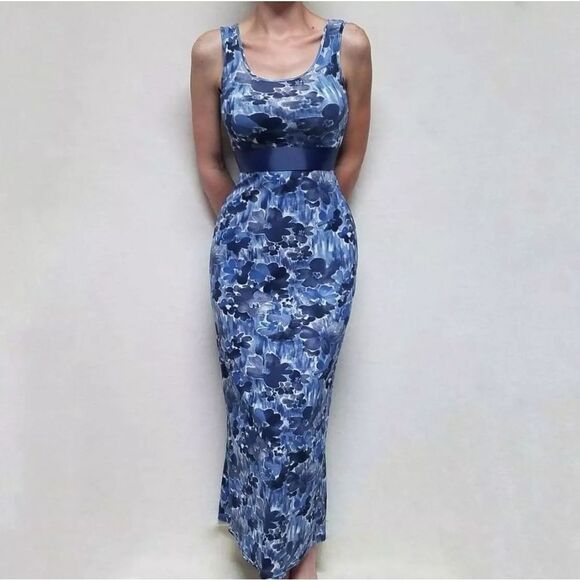 VINTAGE Twisted Paris Blue Floral Sash Maxi Dress - Picture 2 of 16